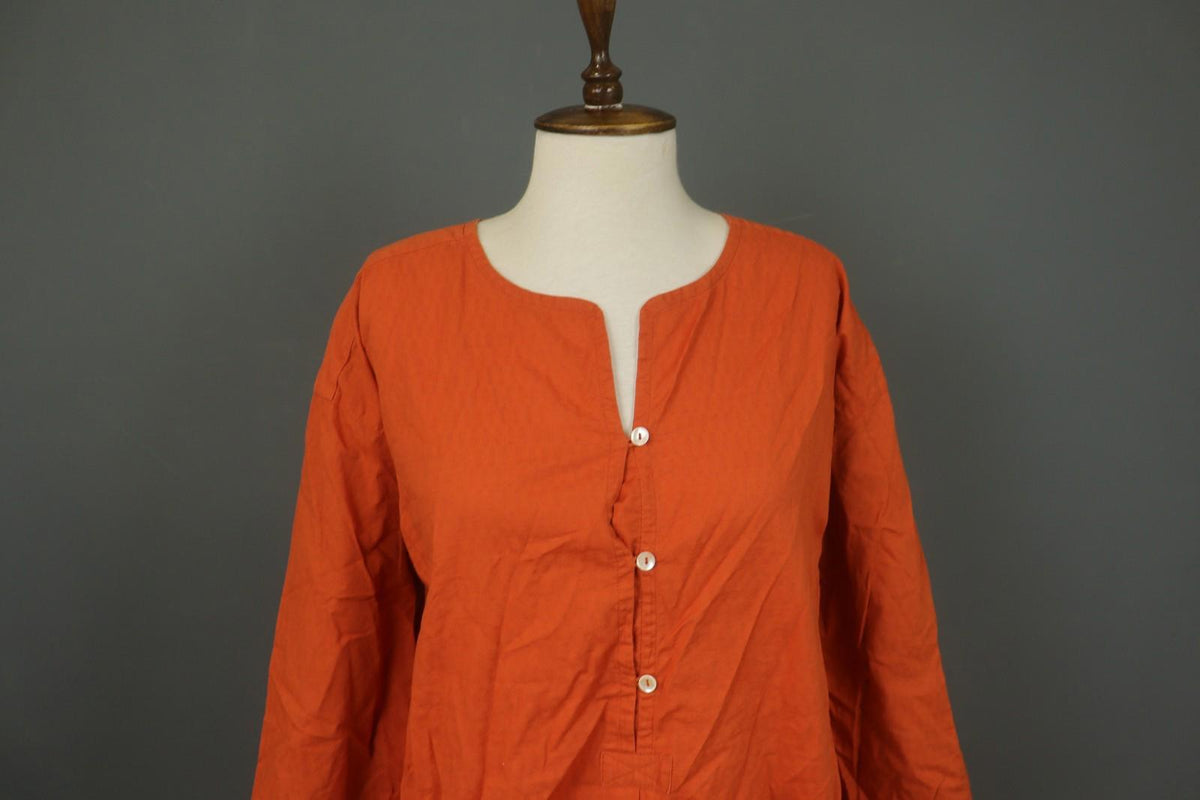 GUDRUN SJODEN Orange Cotton Long Sleeve V-Neck Button Front Shirt Dress – Size M
