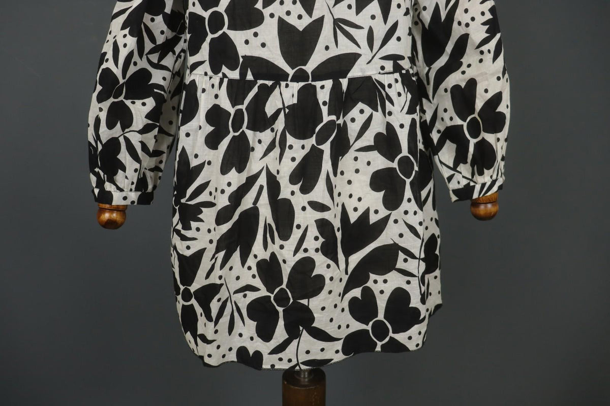GUDRUN SJODEN White Black Floral Cotton Long Sleeve Button Front Blouse Top Sz S