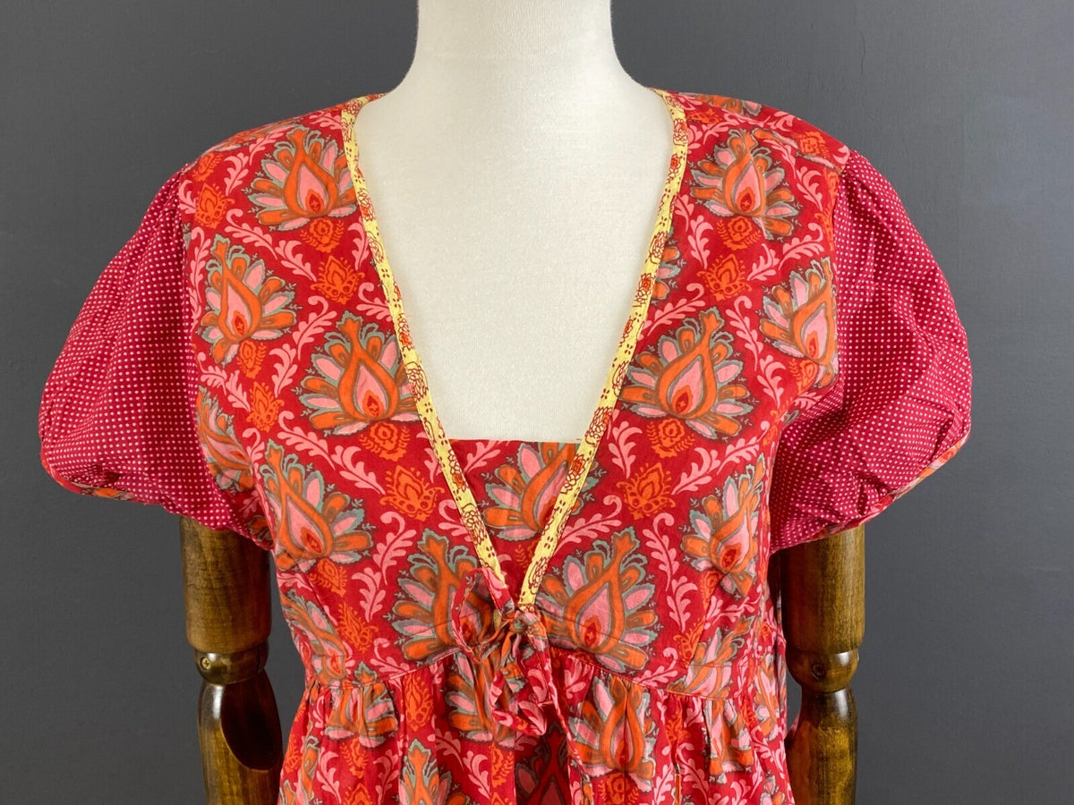 Deerberg by Oska Red Floral Short Sleeve Boho Relaxed Blouson Midi Dress – Size M