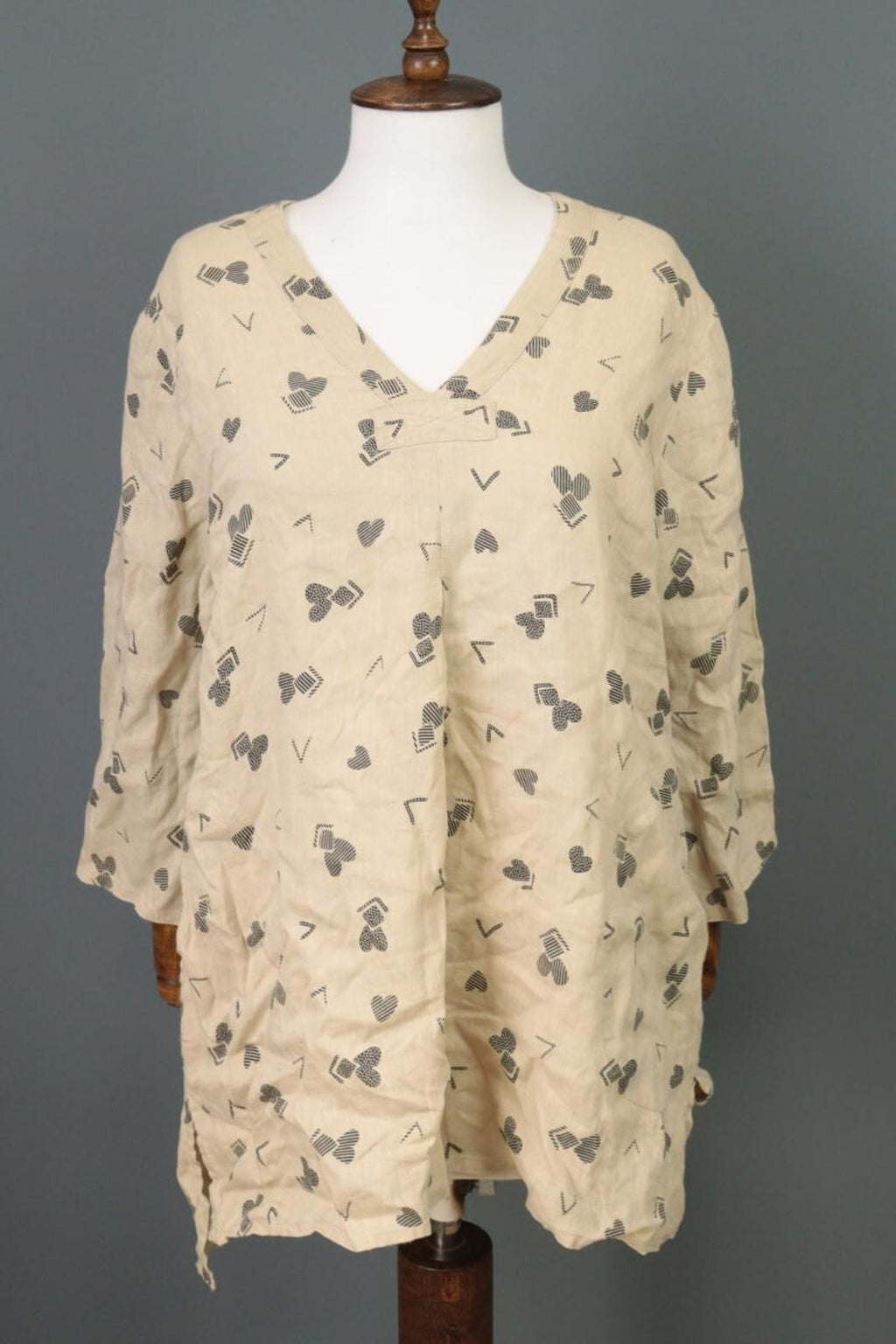 GUDRUN SJODEN Beige Printed Linen Long SLeeve Lagenlook Blouse Tunic Shirt Sz M