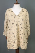 GUDRUN SJODEN Beige Printed Linen Long SLeeve Lagenlook Blouse Tunic Shirt Sz M