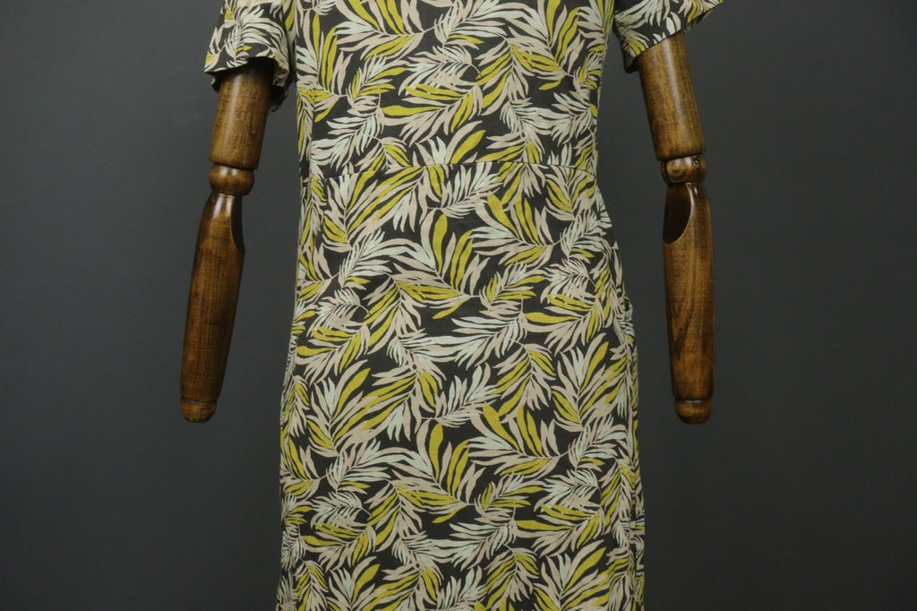 GUDRUN SJODEN Multicolor Leaf Print Split Neck Short Sleeve Shift Dress – Size M