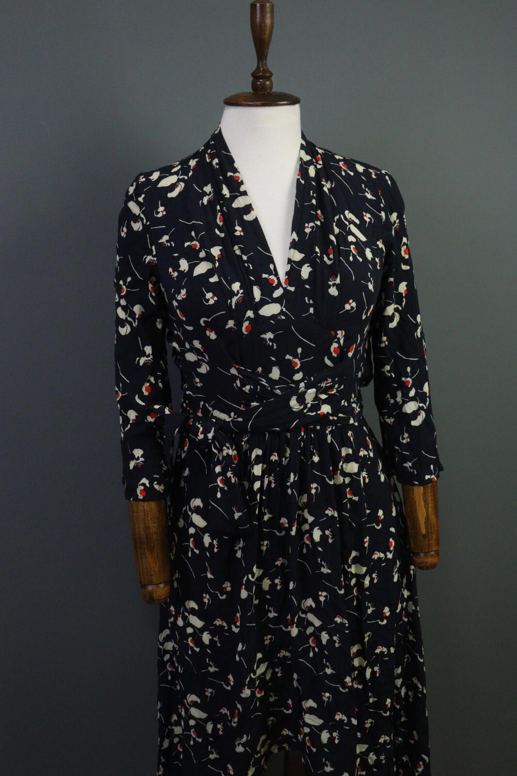 BA&SH Black Floral Long Sleeve V-Neck Belted A-Line Midi Dress – Size 4