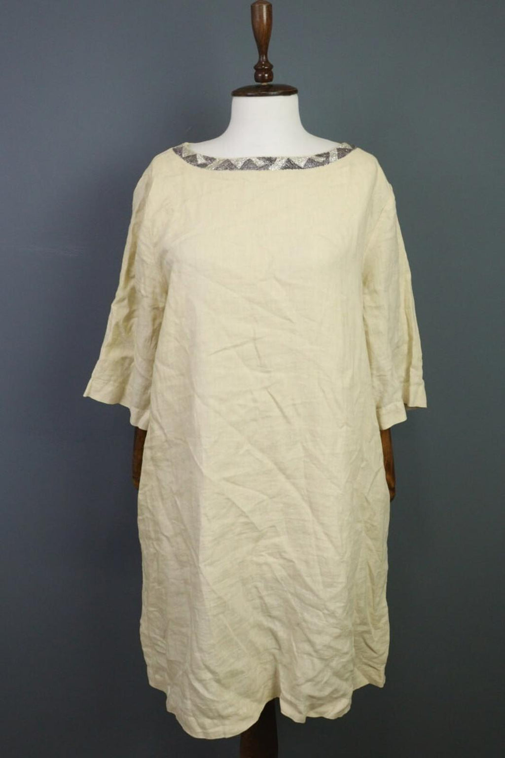 120% LINO Linen 3/4 Sleeve A-Line Lagenlook Blouson Long Dress – Size 48