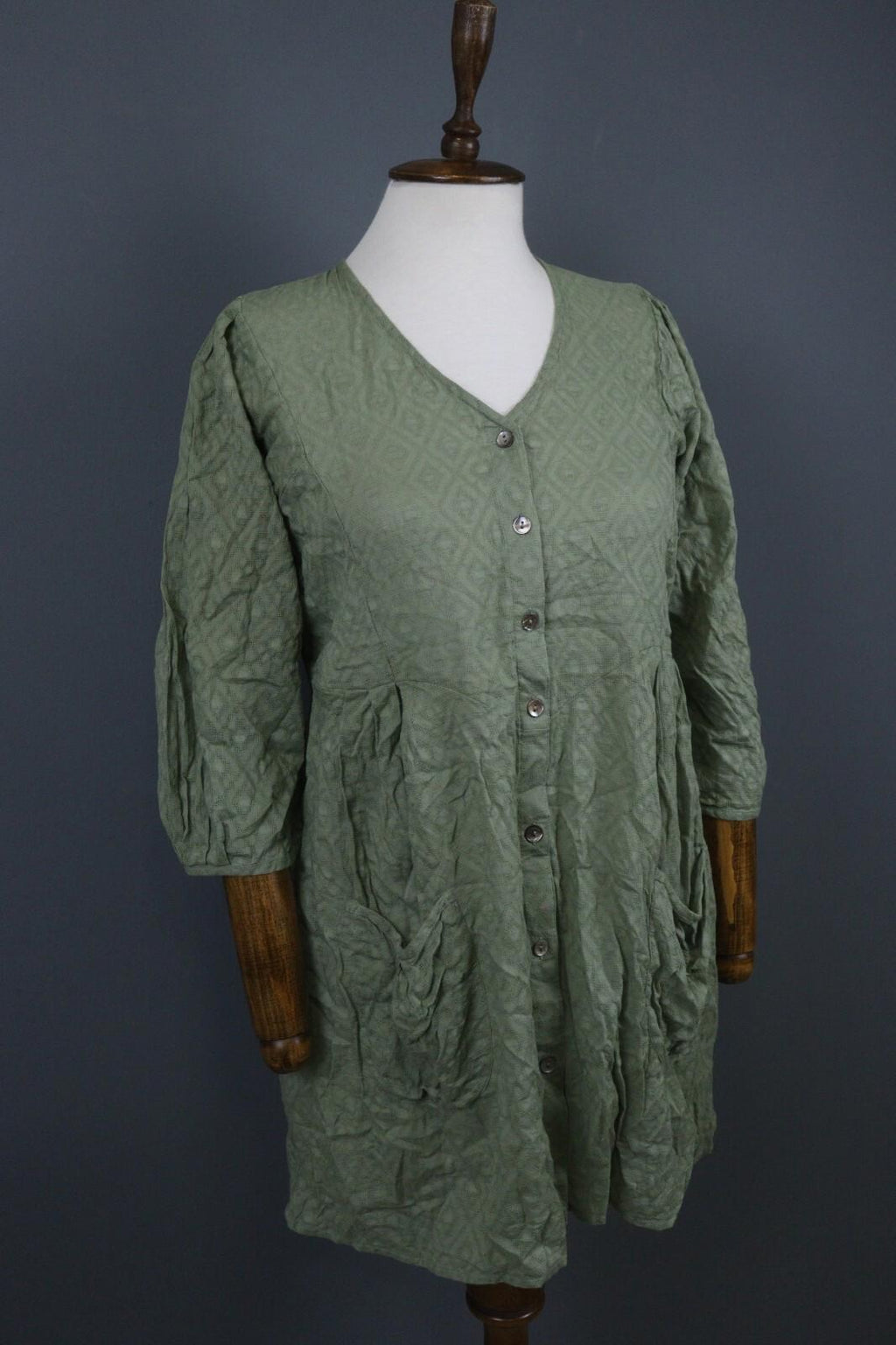 GUDRUN SJODEN Green 3/4 Sleeve Button Front Shirt Dress