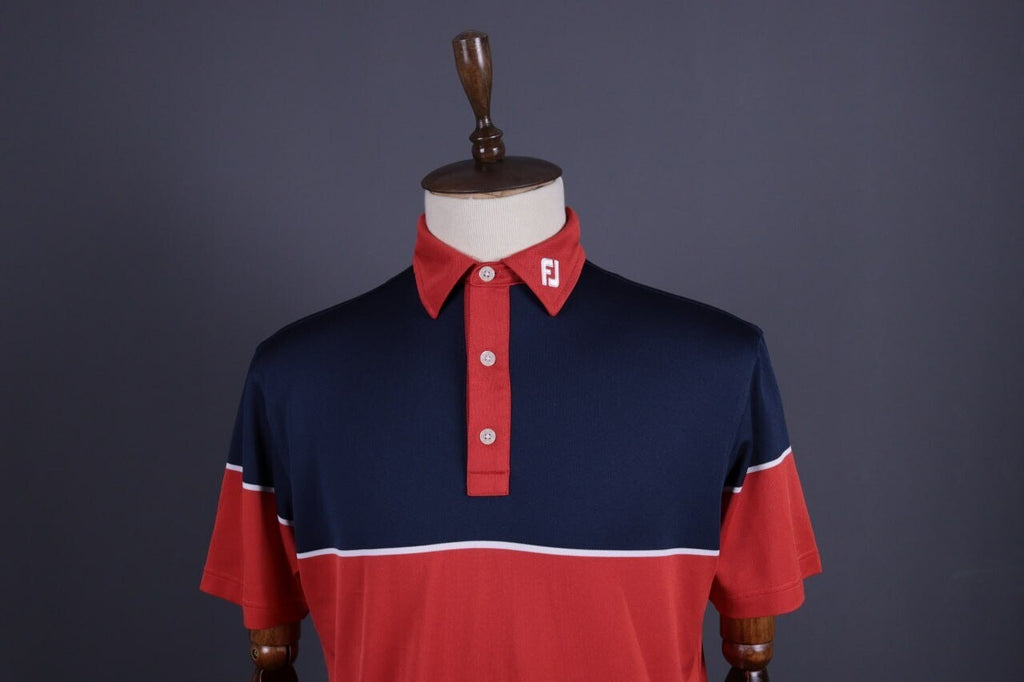 FJ FootJoy Athletic Fit Red Blue Tennis Short Sleeve Polo Shirt – Size L