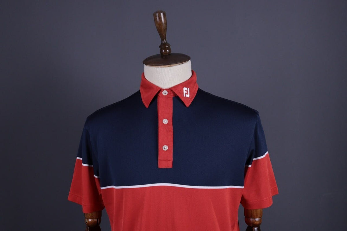 FJ FootJoy Athletic Fit Red Blue Tennis Short Sleeve Polo Shirt – Size L