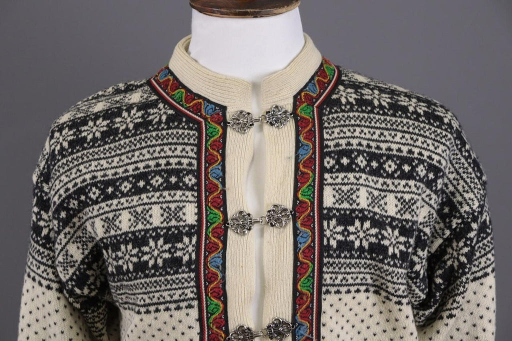 DALE OF NORWAY Beige Fair Isle Wool Knit Button Ski Cardigan Sweater S 48