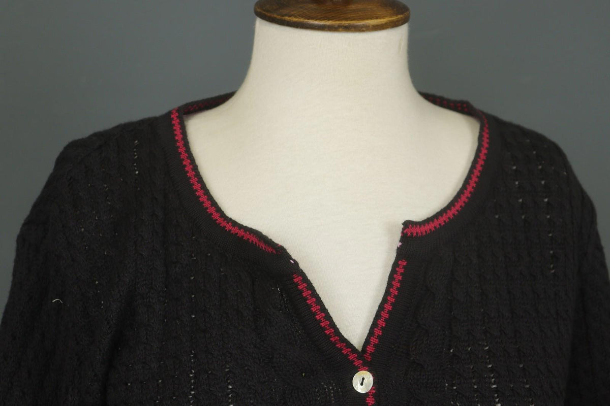 IVKO Black Viscose Open Knit Raglan Sleeve V-Neck Button Front Cardigan – Size 40