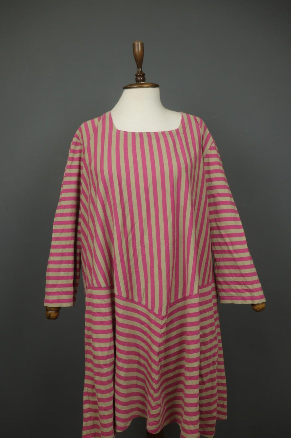 GUDRUN SJODEN Pink Tan Striped Organic Cotton Round Neck Maxi Dress – Size 2XL