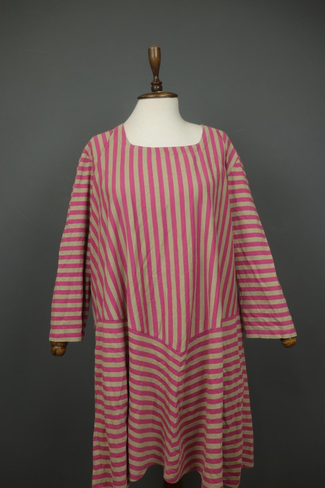 GUDRUN SJODEN Pink Tan Striped Organic Cotton Round Neck Maxi Dress – Size 2XL