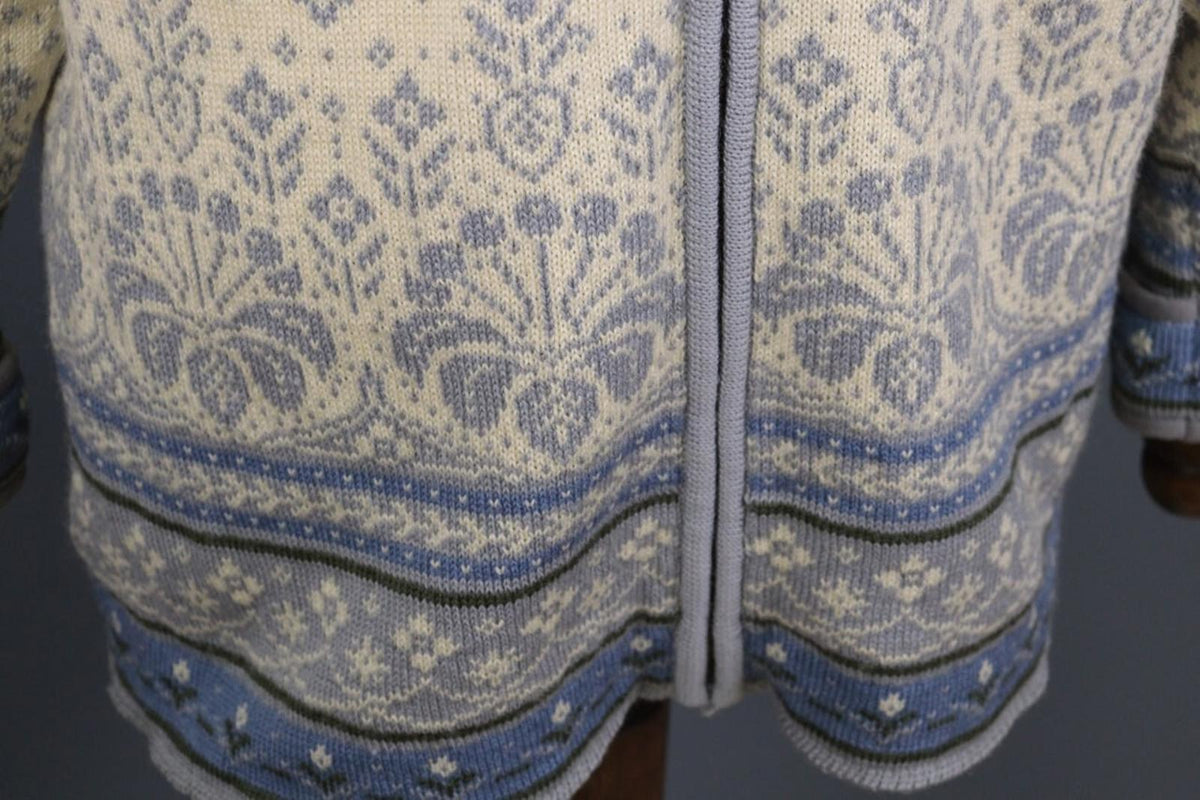 DALE OF NORWAY Beige Blue Fair Isle Wool Full Zip Knit Cardigan Sweater – Size M