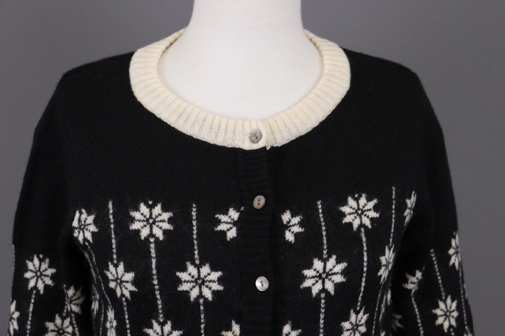 GUDRUN SJODEN Black Floral Wool Knit Cardigan Sweater – Size M