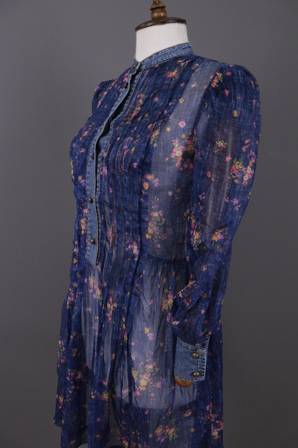 PHILOSOPHY Di Lorenzo Serafini Blue Floral Mesh Ruffle Long Sleeve A-Line Dress