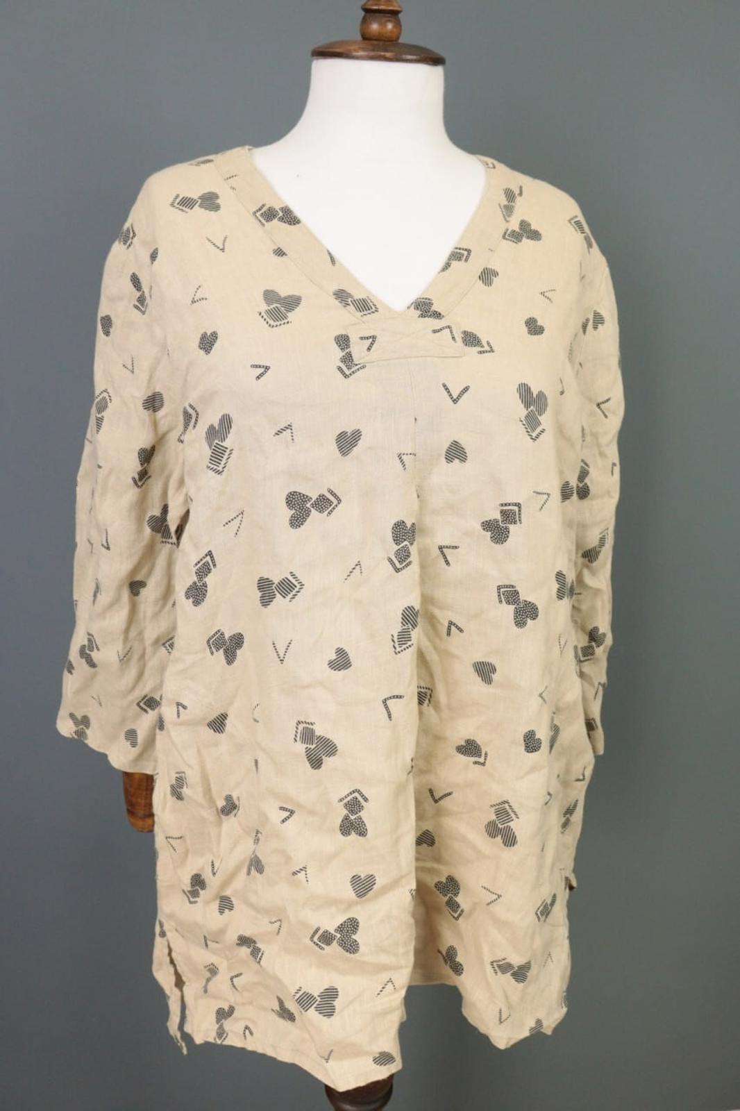 GUDRUN SJODEN Beige Printed Linen Long SLeeve Lagenlook Blouse Tunic Shirt Sz M