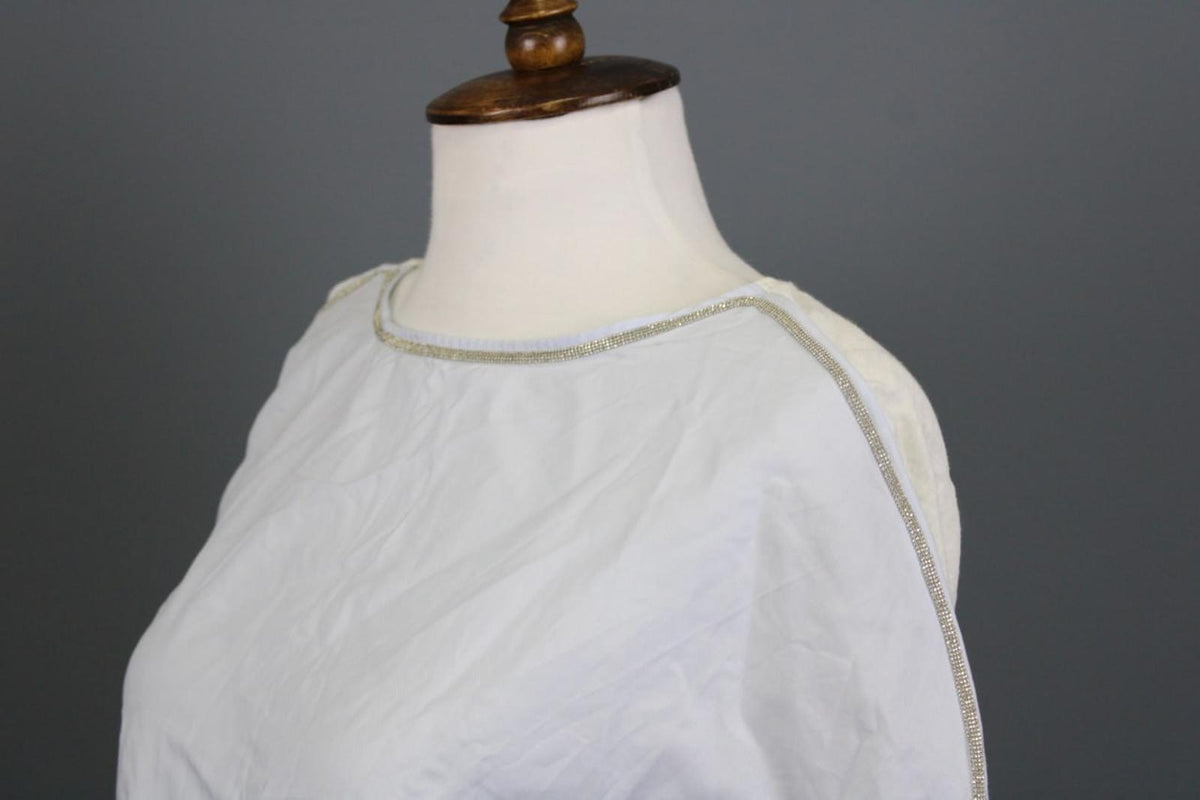 FABIANA FILIPPI White Crew Neck Cap Sleeve Metallic High-Low Blouse Top S/M
