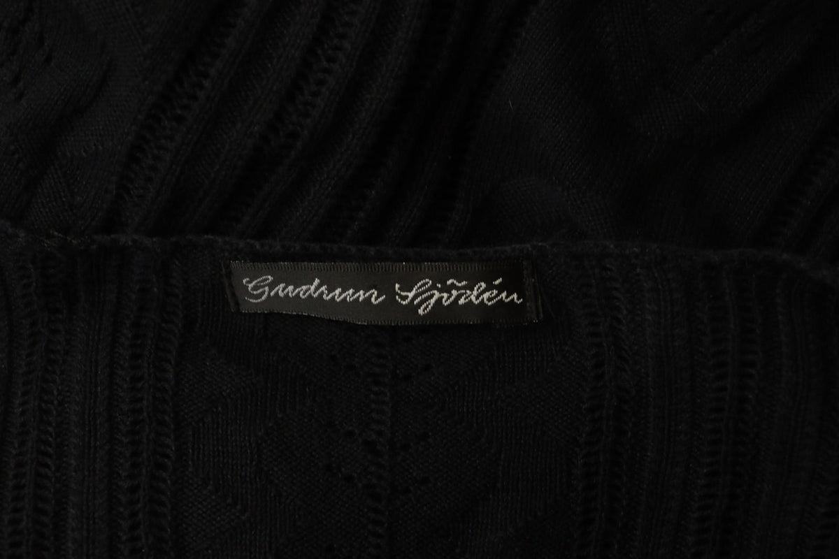 GUDRUN SJODEN Black Silk Open Knit Long Sleeve Round Neck Pullover Sweater