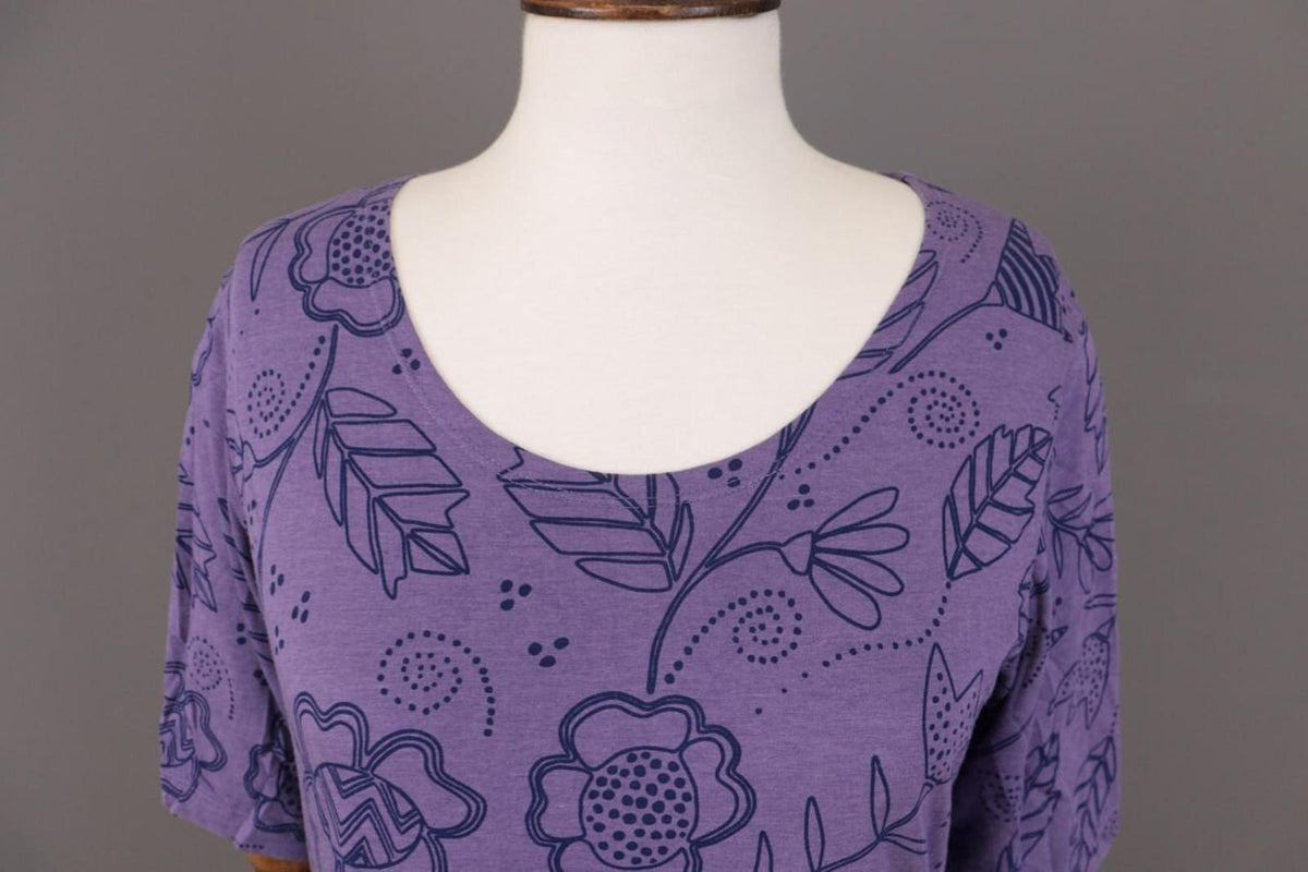 GUDRUN SJODEN Purple Floral Pockets Short Sleeve Blouson Midi Dress – Size M
