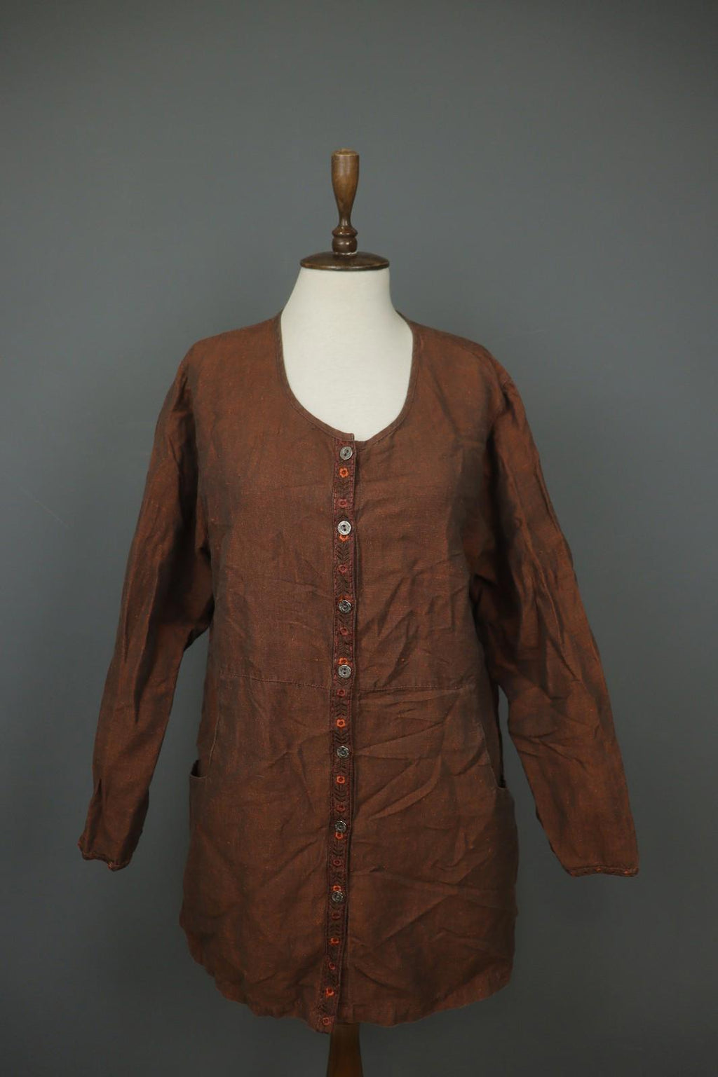 GUDRUN SJÖDEN Brown Lagenlook Linen Long Sleeve Button Front Shirt Dress – Size S