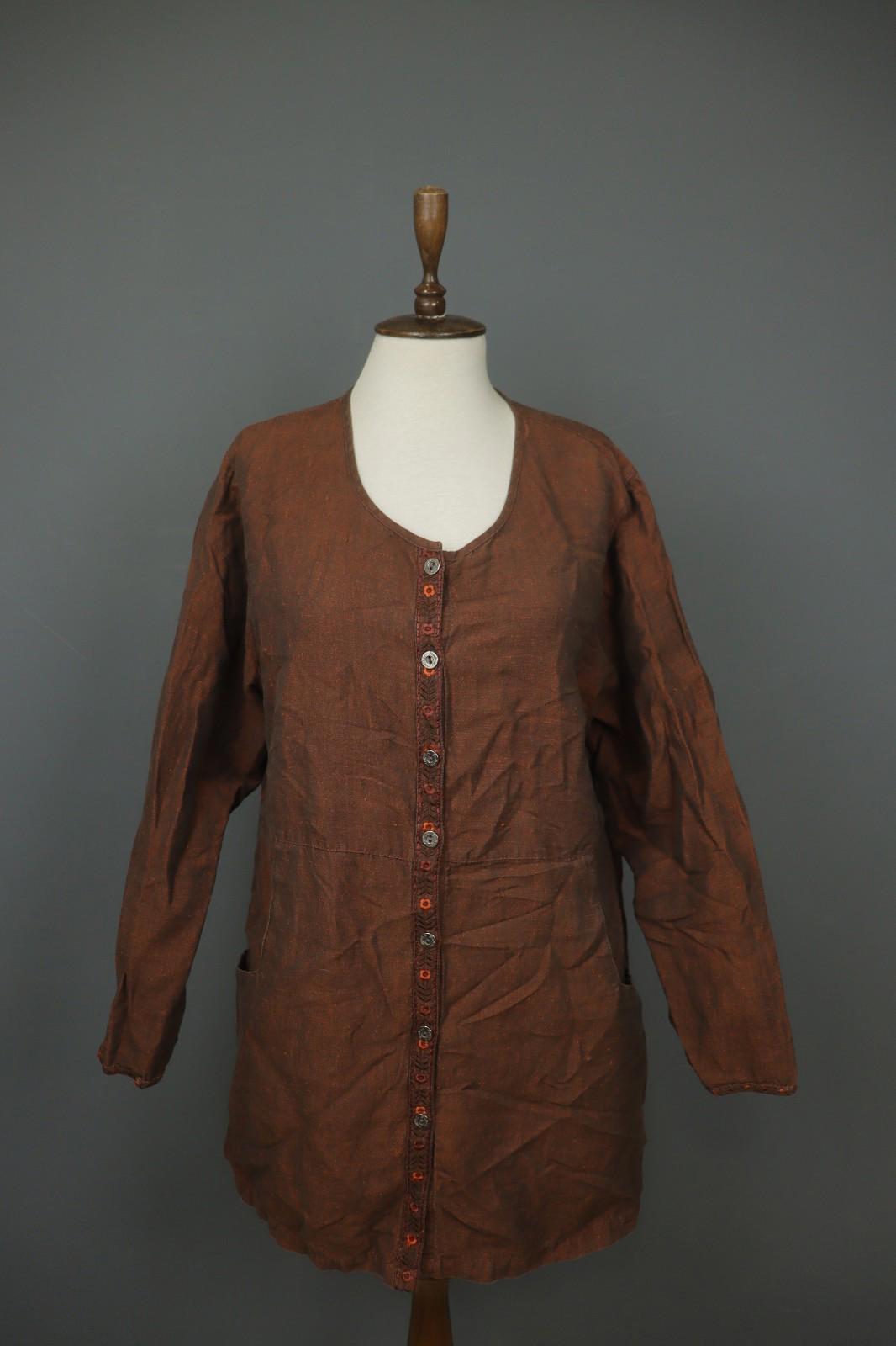 GUDRUN SJÖDEN Brown Lagenlook Linen Long Sleeve Button Front Shirt Dress – Size S