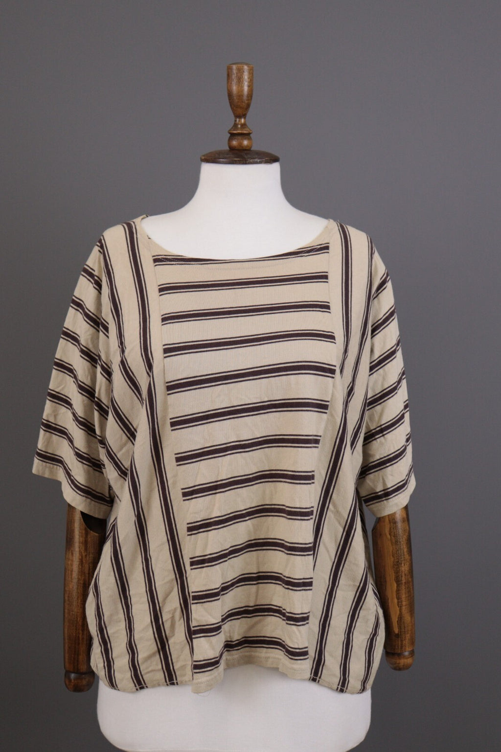 Gudrun Sjoden Beige Striped Short Sleeve Lagenlook Relaxed Blouse Shirt – Size M