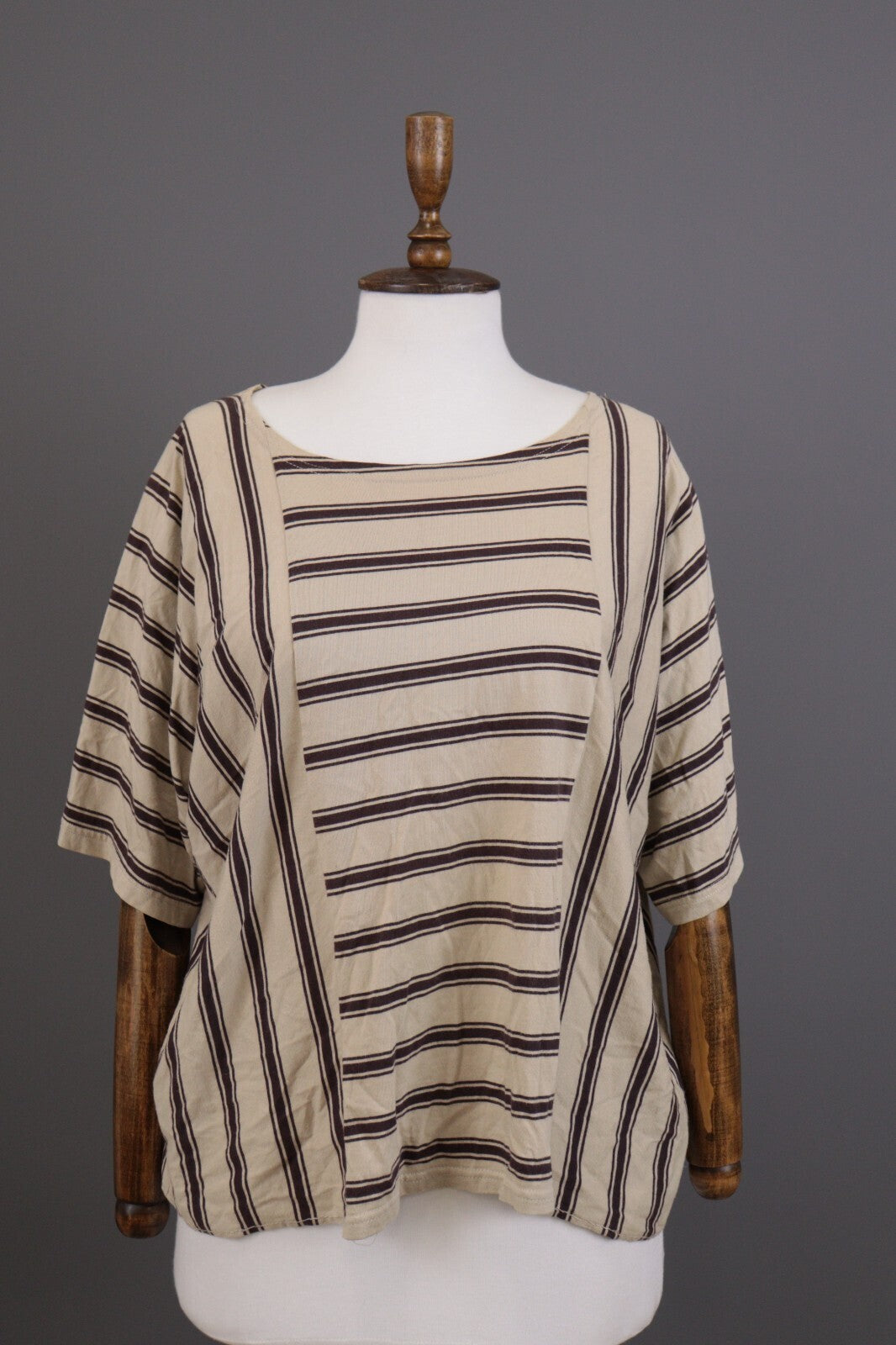 Gudrun Sjoden Beige Striped Short Sleeve Lagenlook Relaxed Blouse Shirt – Size M
