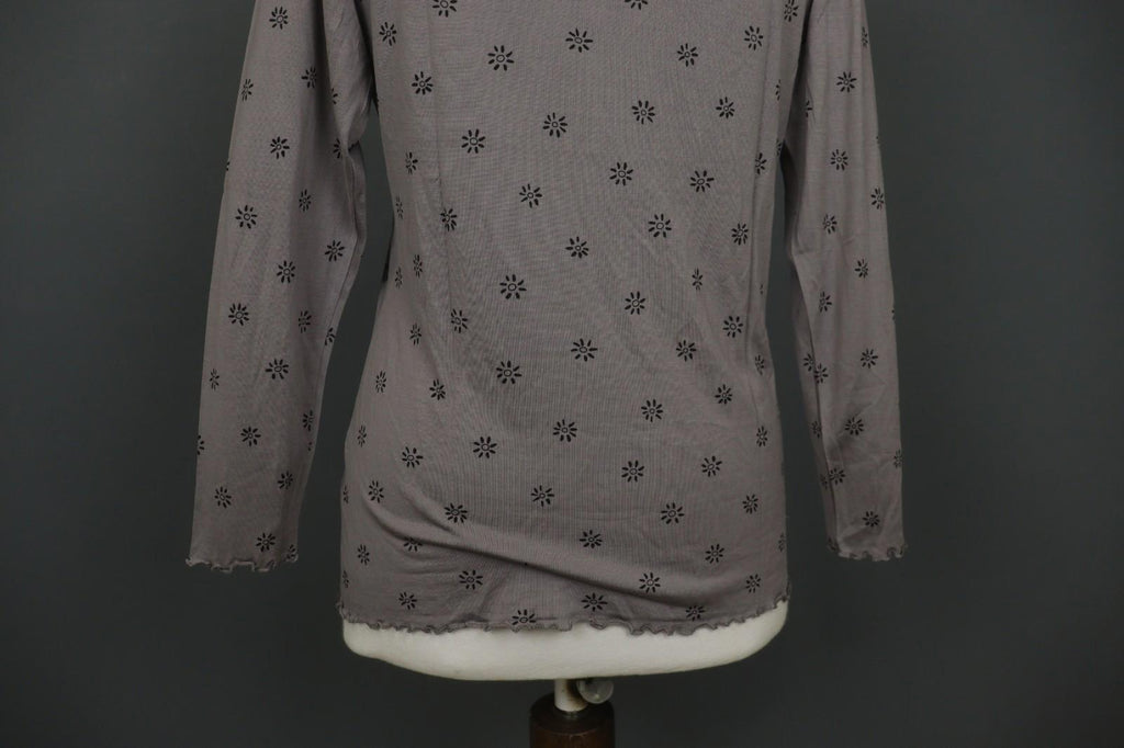 GUDRUN SJODEN Gray & Black Floral Silk Long Sleeve Round Neck Blouse Top – Size M