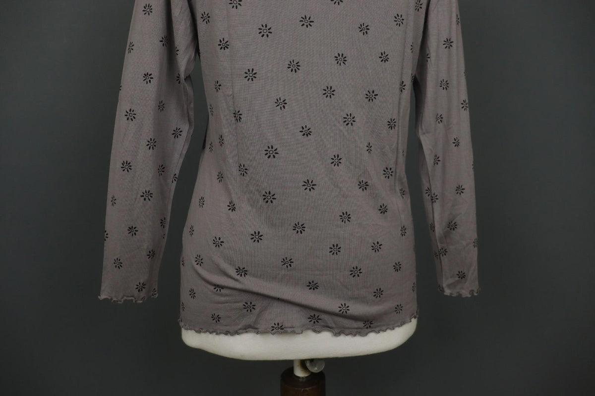 GUDRUN SJODEN Gray & Black Floral Silk Long Sleeve Round Neck Blouse Top – Size M