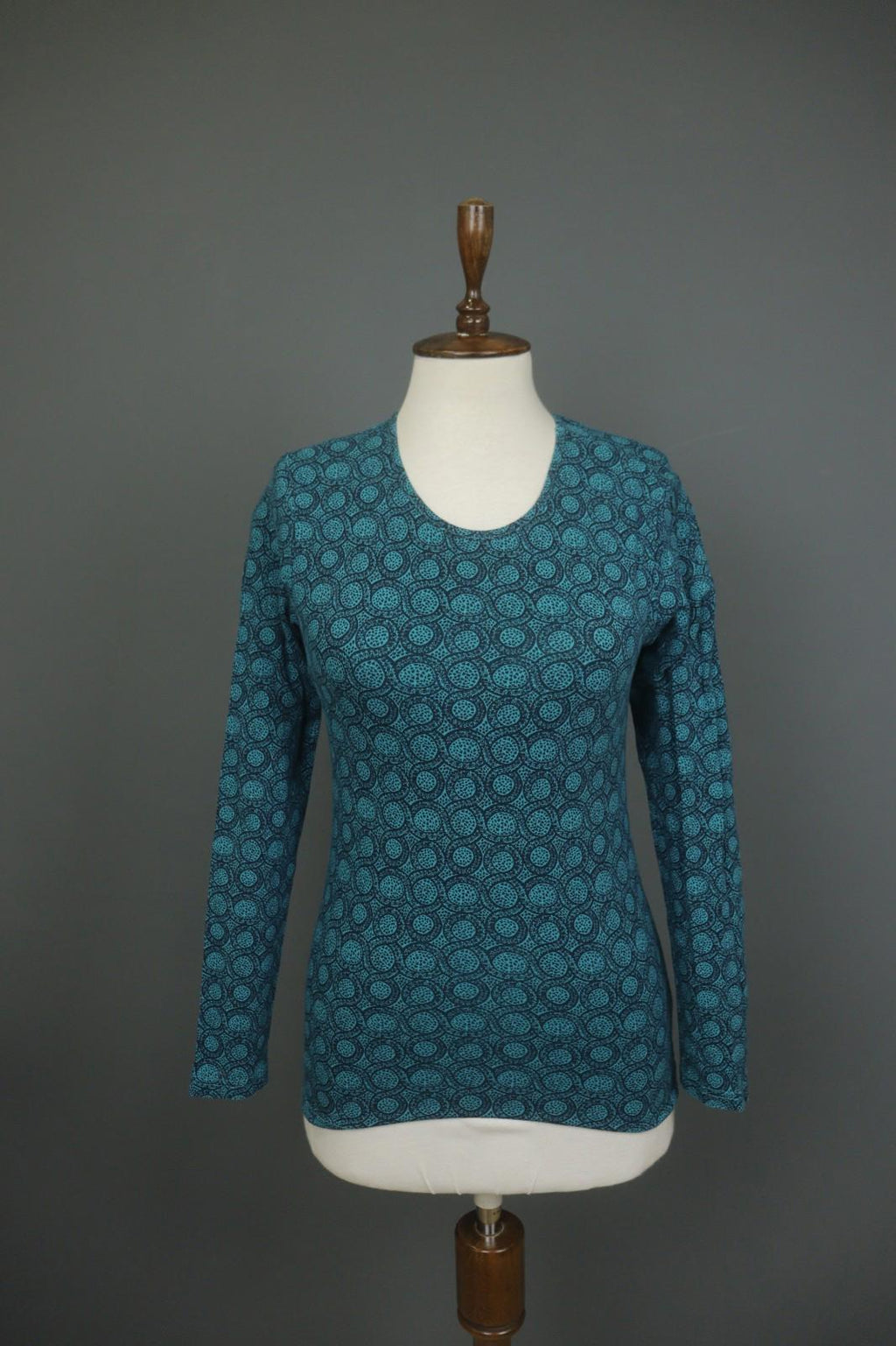 MARIMEKKO Teal Geometric Print Cotton Round Neck Long Sleeve Blouse Top – Size S