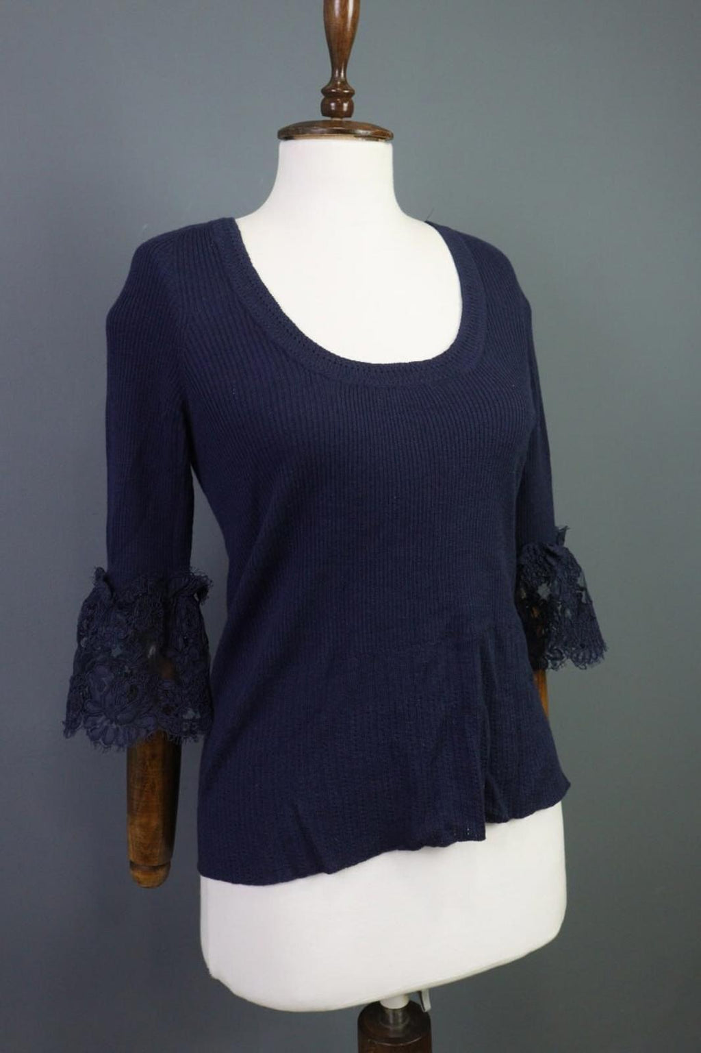 Oscan De La Renta Blue 3/4 Sleeve Ribbed Wool Cropped Sweater – Size L
