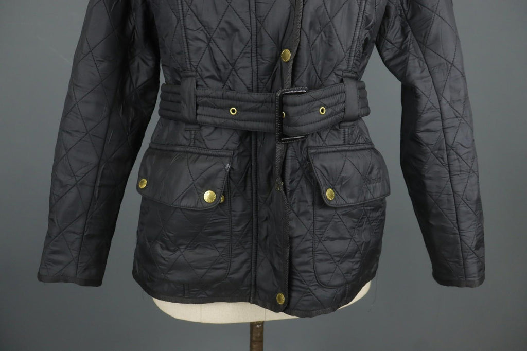 BARBOUR Black Belted Waist & Neck Long Sleeve Snap Front Quilted Jacket – Size 38
