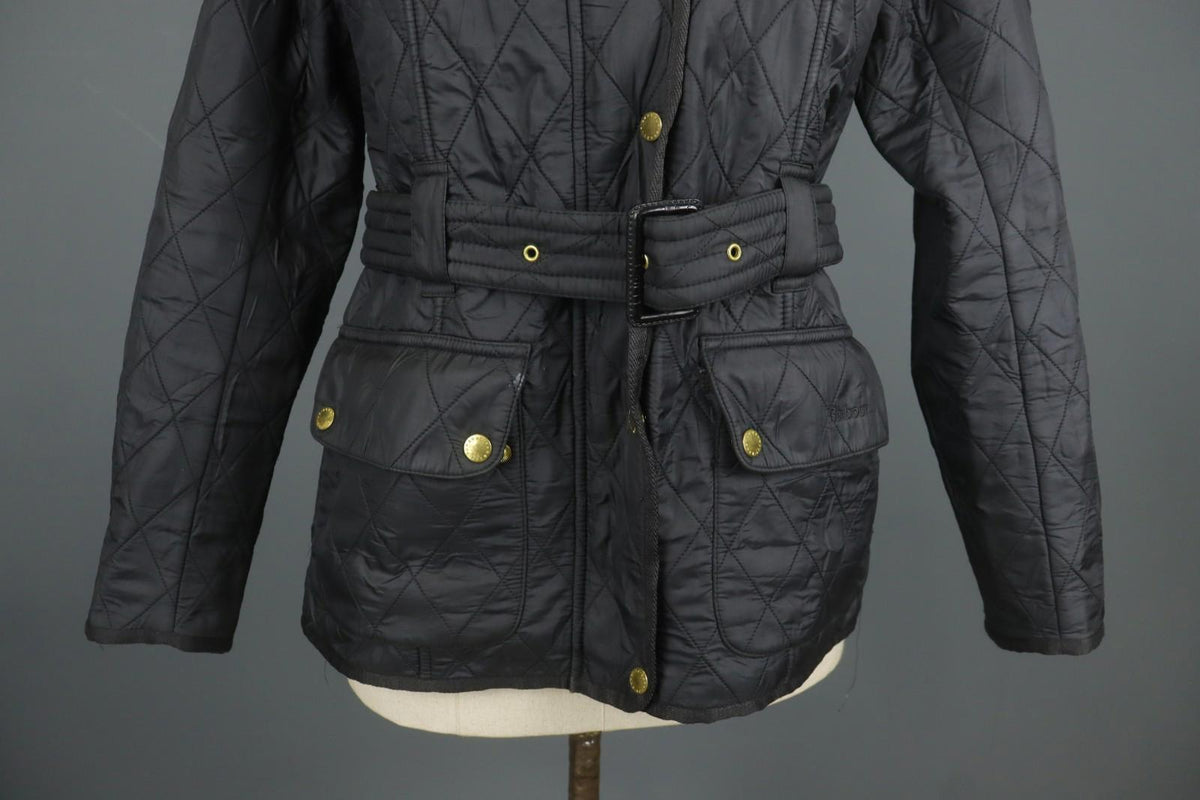 BARBOUR Black Belted Waist & Neck Long Sleeve Snap Front Quilted Jacket – Size 38