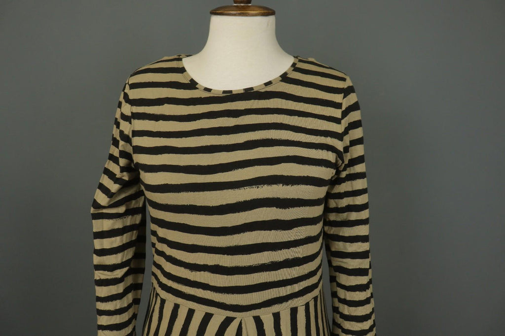 GUDRUN SJODEN Brown Black Striped Lyocell Casual Round Neck Shift Dress – Size S
