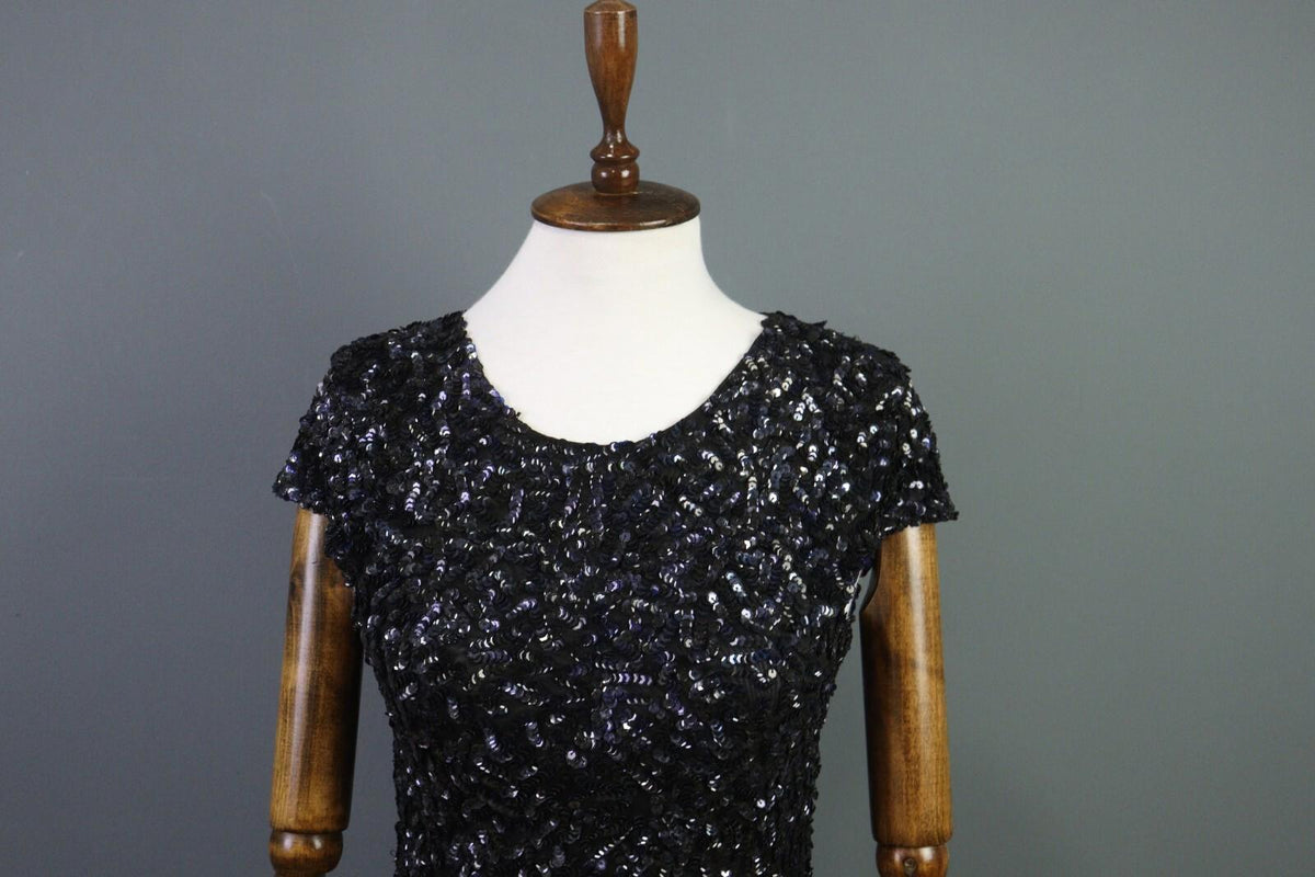 ALICE + OLIVIA Black Sequin Cap Sleeve Round Neck Top Blouse Shirt
