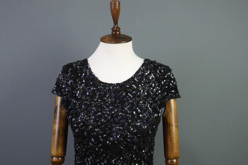 ALICE + OLIVIA Black Sequin Cap Sleeve Round Neck Top Blouse Shirt
