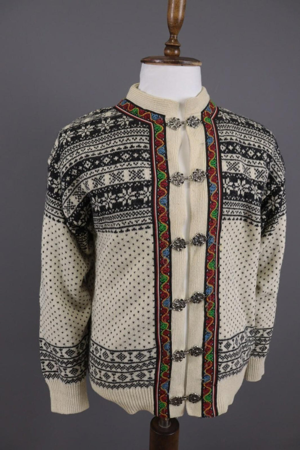DALE OF NORWAY Beige Fair Isle Wool Knit Button Ski Cardigan Sweater S 48
