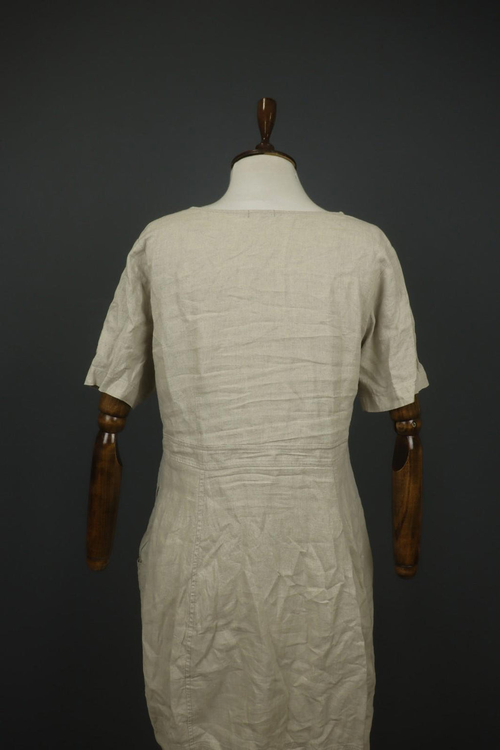 GRIZAS Beige 100% Linen Split Neck Short Sleeve Casual Summer Sheath Dress Sz L