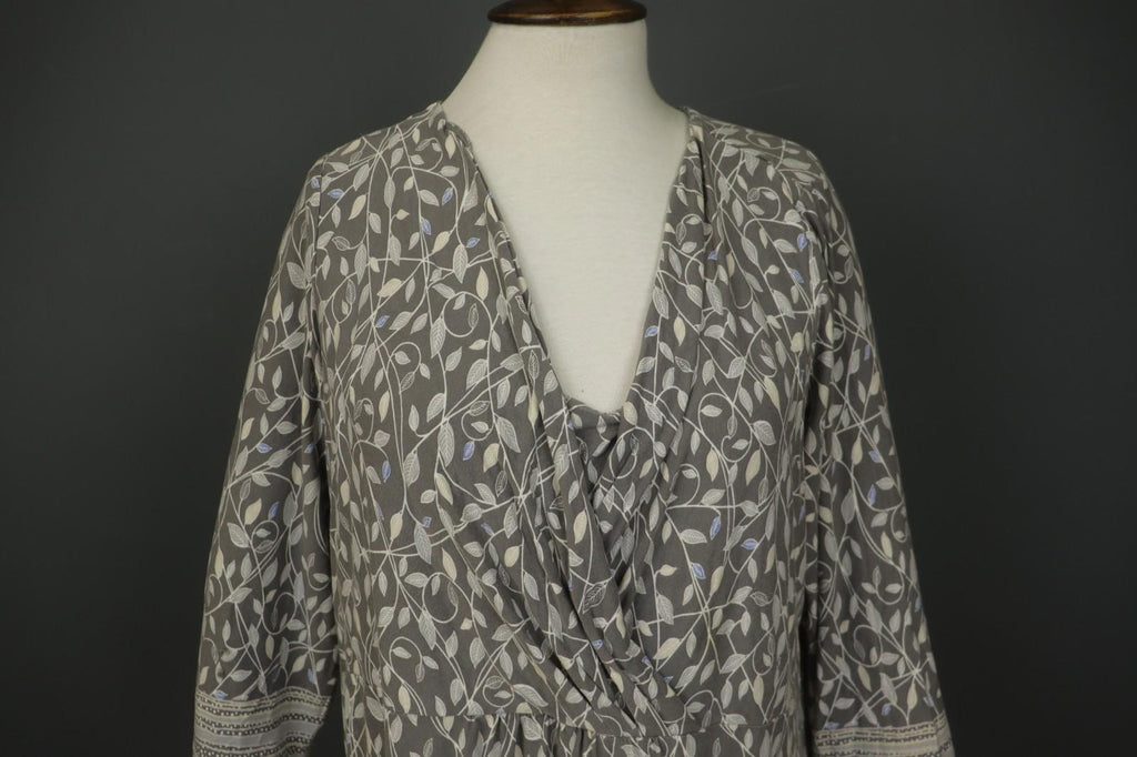 GUDRUN SJODEN Gray Leaf Print Cotton V-Neck Summer Pullover Maxi Dress – Size XL