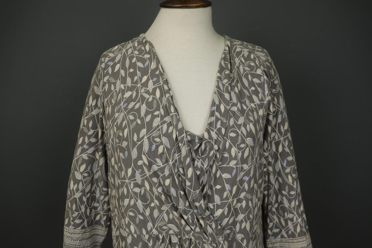GUDRUN SJODEN Gray Leaf Print Cotton V-Neck Summer Pullover Maxi Dress – Size XL