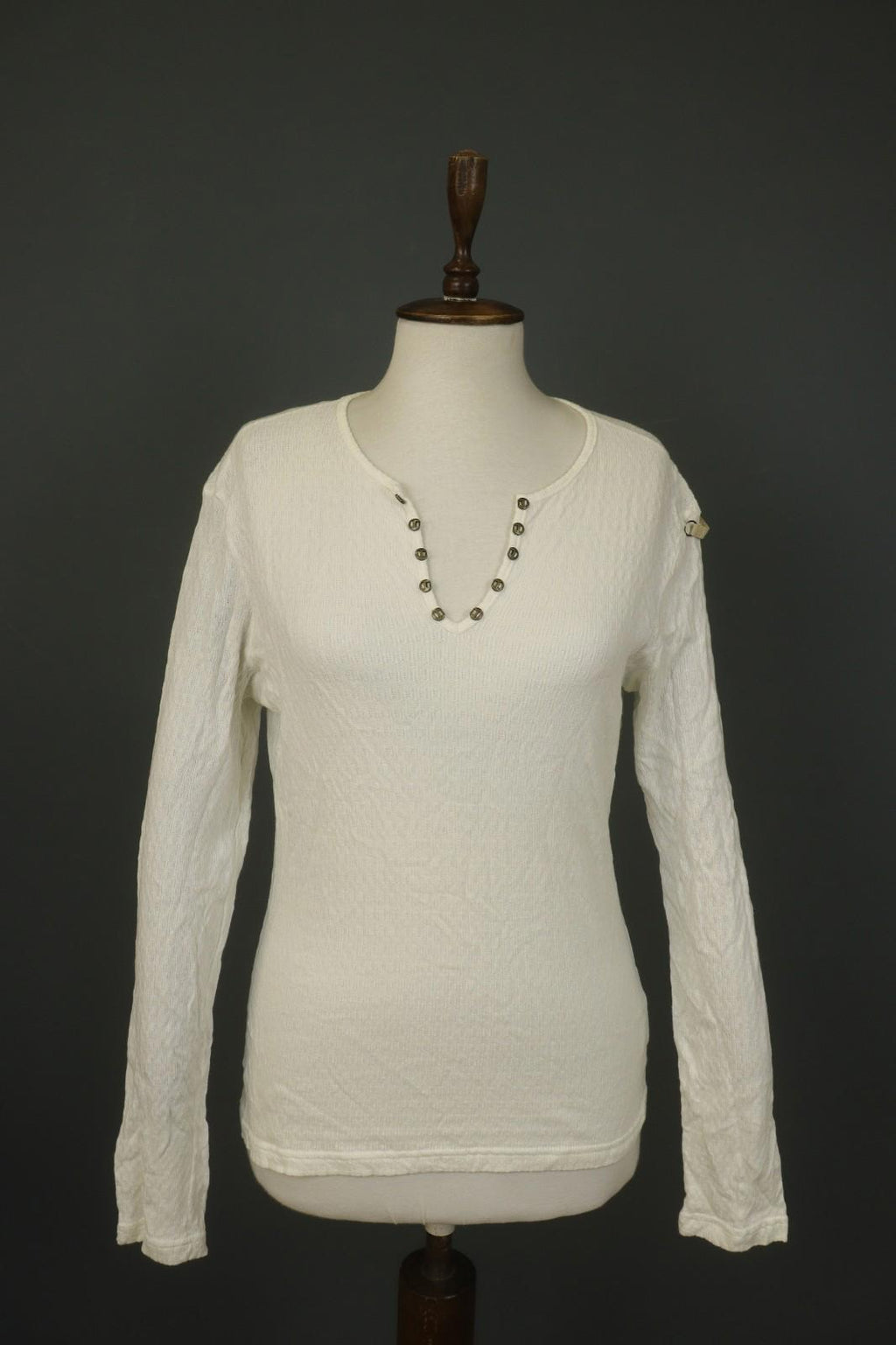 JUST CAVALLI White Knitted Long Sleeve V-Neck Stretch Pullover Sweater – Size 50