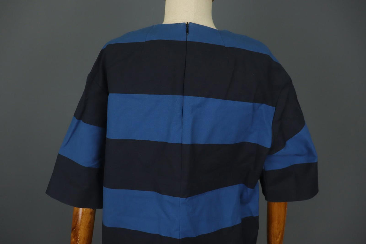 MARIMEKKO LAVINIA Blue Black Striped Cotton Short Sleeve Tunic Top – Size 42