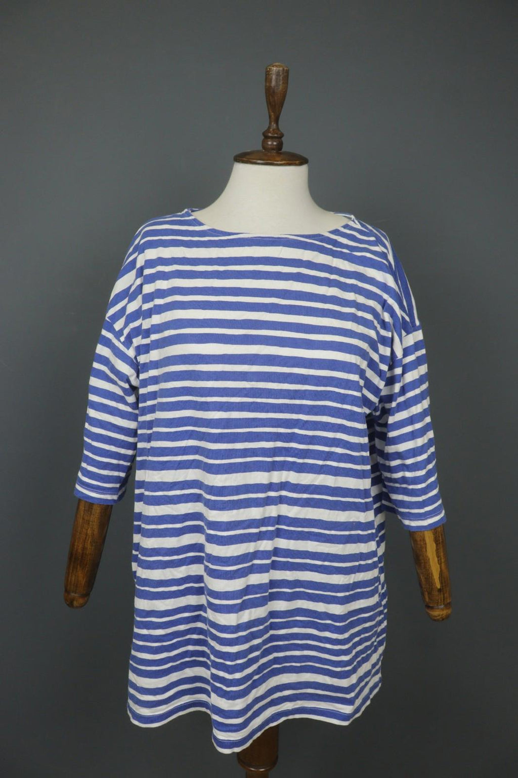 MARIMEKKO Blue White Striped 100% Cotton Round Neck 3/4 Sleeve Tunic Dress Sz L