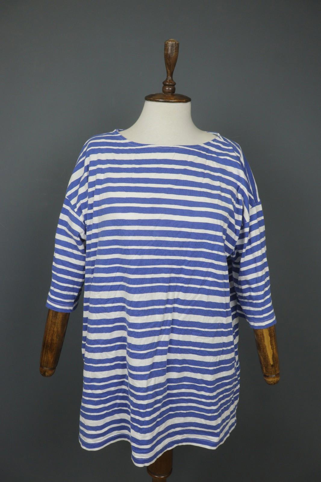 MARIMEKKO Blue White Striped 100% Cotton Round Neck 3/4 Sleeve Tunic Dress Sz L