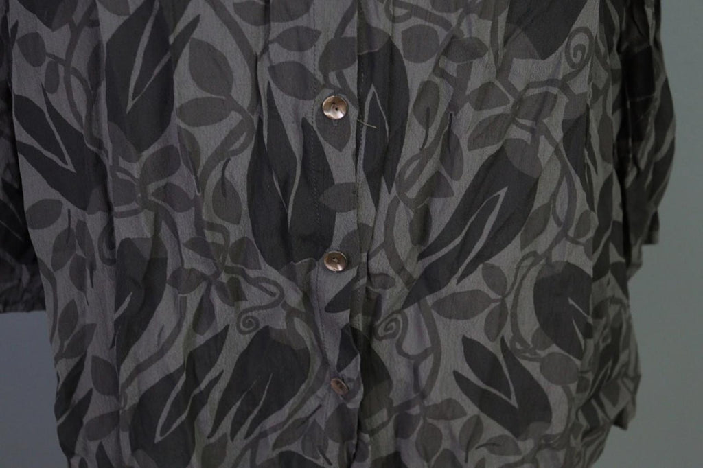 GUDRUN SJODEN Gray Black Leaf Print 100%Viscose Button Front Sheath Dress – Size L