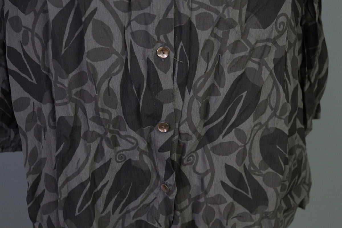 GUDRUN SJODEN Gray Black Leaf Print 100%Viscose Button Front Sheath Dress – Size L