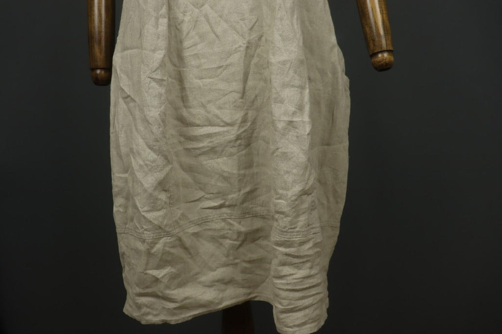 GRIZAS Beige 100% Linen Split Neck Short Sleeve Casual Summer Sheath Dress Sz L