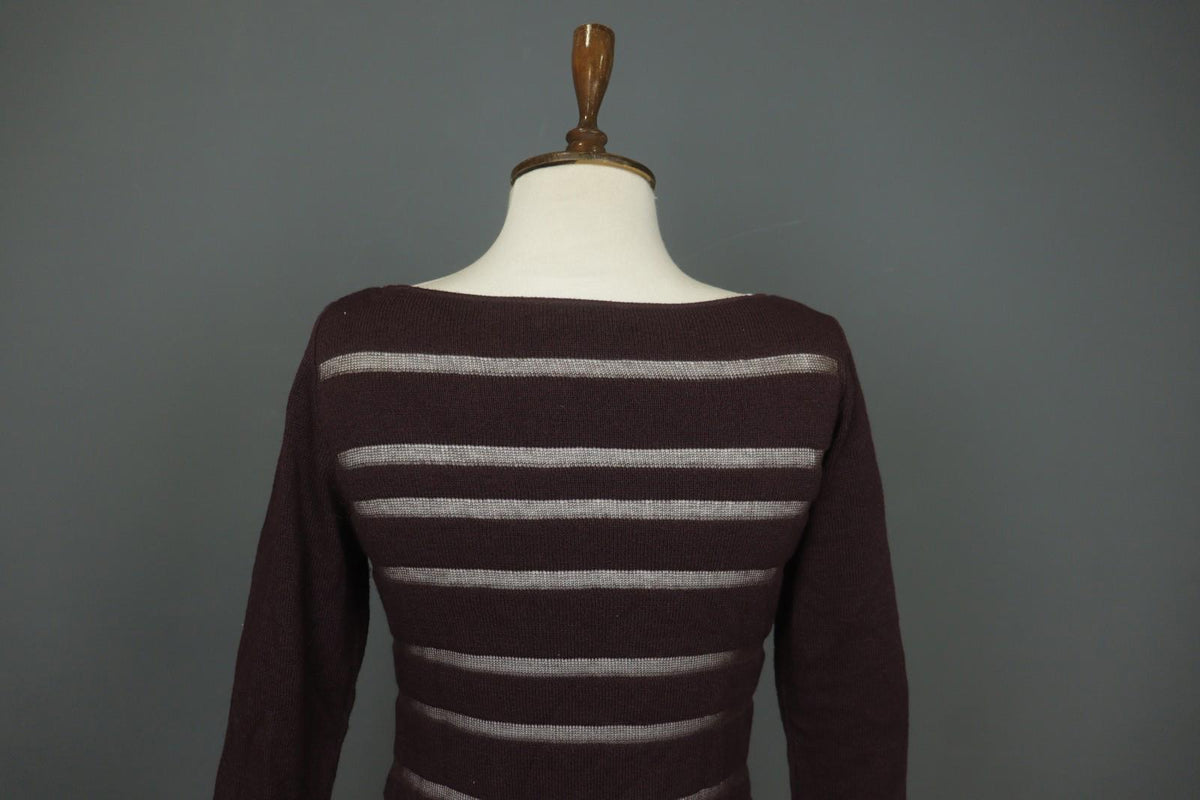 SARAH PACINI Maroon White Striped Knitted Long Sleeve Round Neck Dress M / L