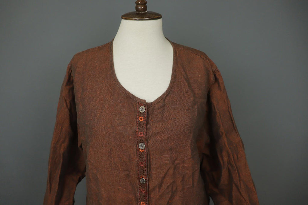 GUDRUN SJÖDEN Brown Lagenlook Linen Long Sleeve Button Front Shirt Dress – Size S