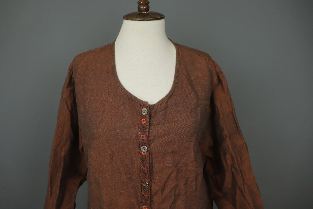 GUDRUN SJÖDEN Brown Lagenlook Linen Long Sleeve Button Front Shirt Dress – Size S