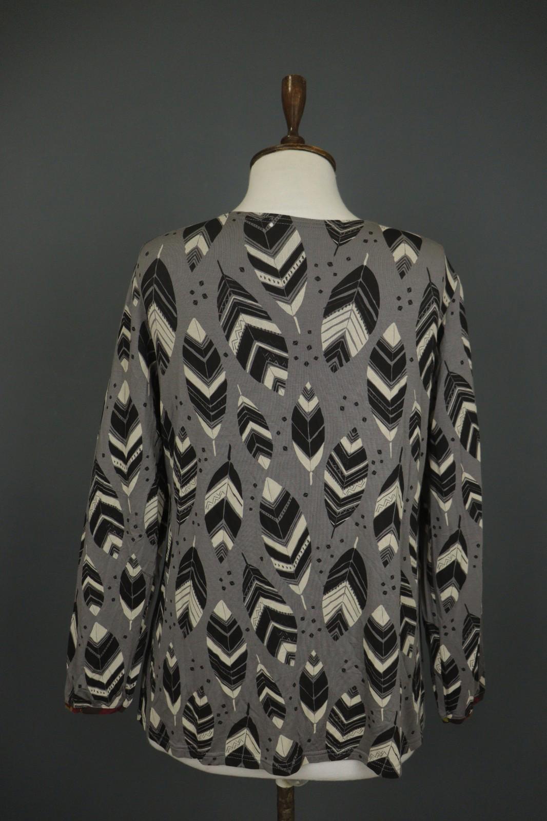 GUDRUN SJODEN Gray Black Leaf Print Round Neck Long Sleeve Pullover Blouse Top